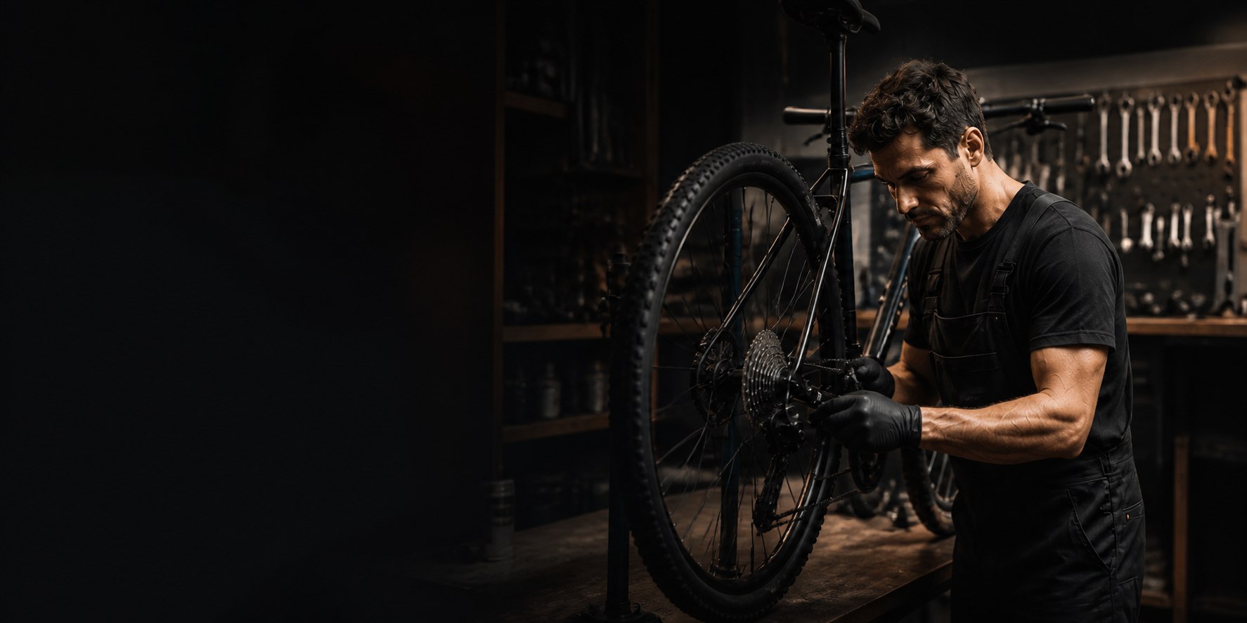 Meccanico al lavoro su una bicicletta in officina
